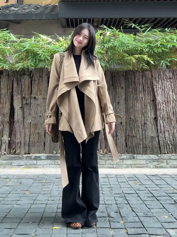 

Korean Sle ort Coat Jaet Women's Faionable Turn-down Collar Autumn Outerwear Ele mat Color Blo Design