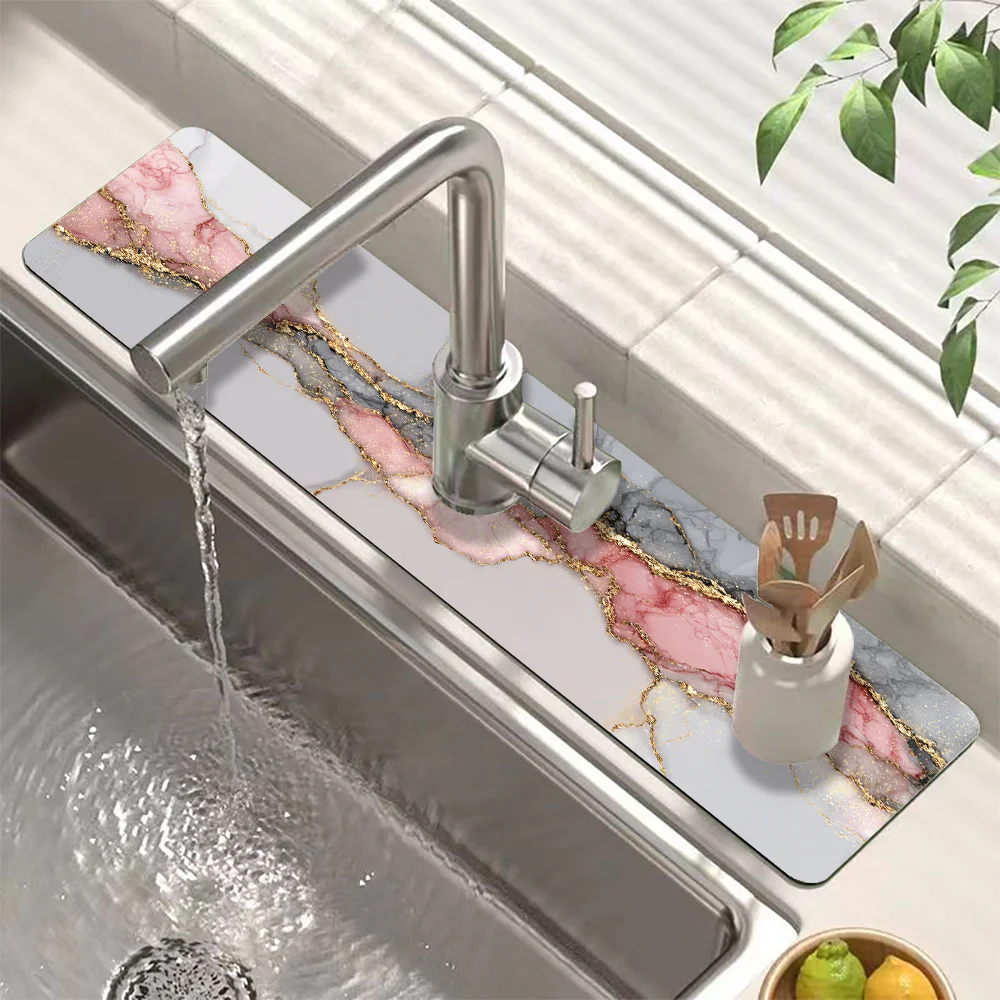 VIKAMA Pink-Gray Marble-Patterned Kitchen Dish Rack Draining Mat Faucet Drain Pad Easy-To-Clean Bathroom Sink Countertop Protect