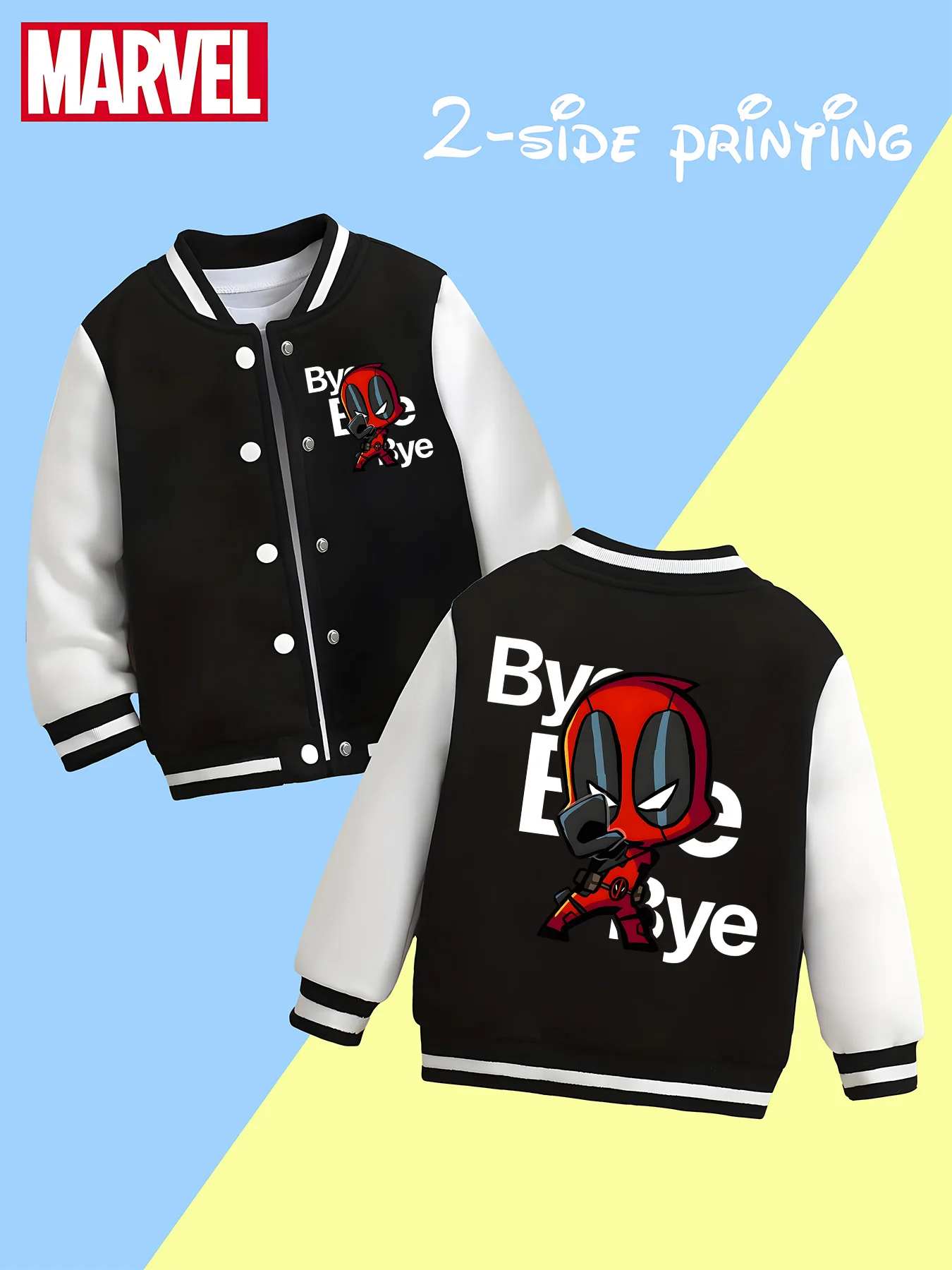

MINISO Marvel Boys' Baseball Jacket - Deadpool "Bye Bye" Reversible Graphic, Soft Fabric