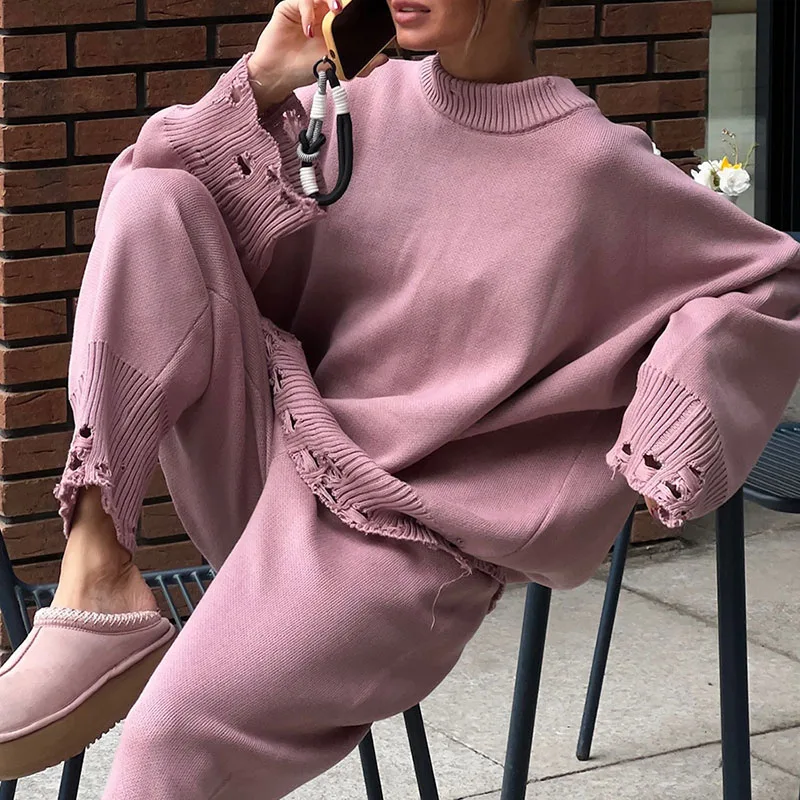 Mode déchiré tricoté solide ensemble élégant col rond pull et pantalon Long pull tenues femmes décontracté à manches longues ample 2 pièces costume