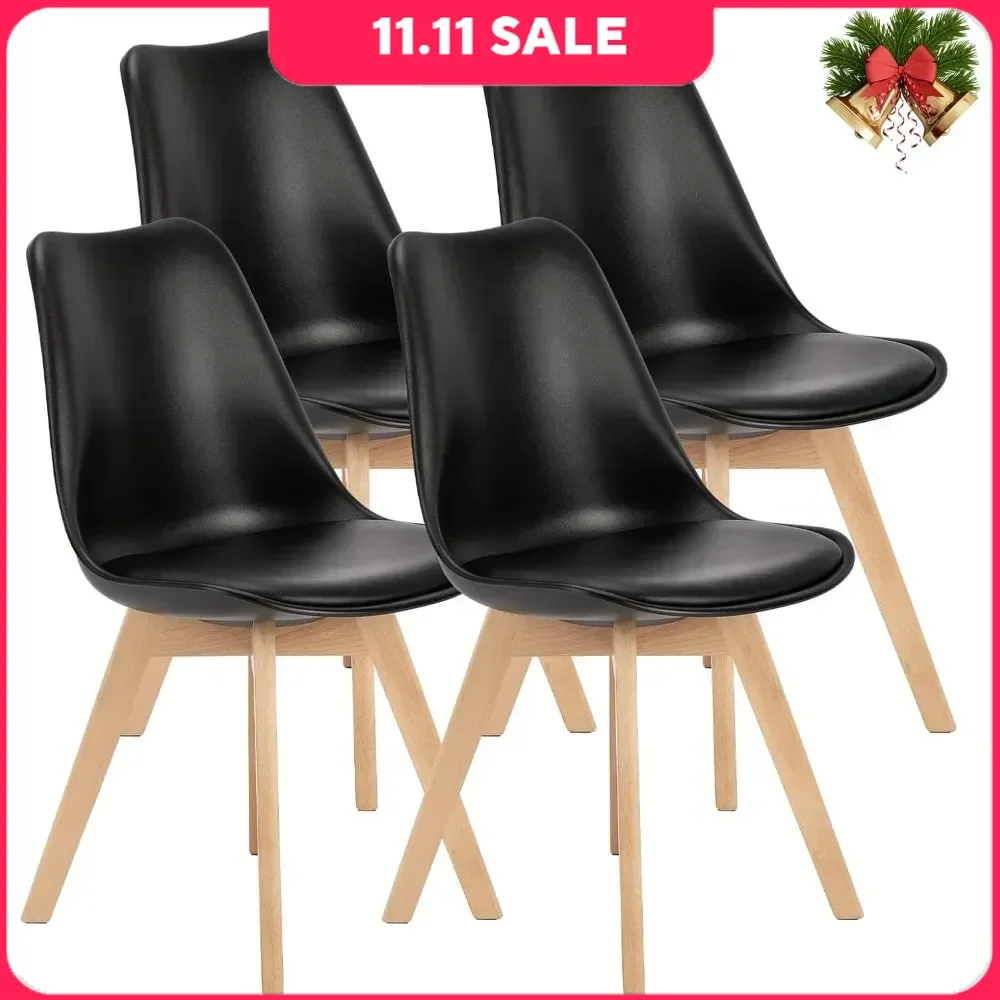 

Dining Chair, Living Room Chair 4-piece Set with Wooden Legs and PU Leather Cushions, Living Room Bedroom Outdoor Lounge, Black