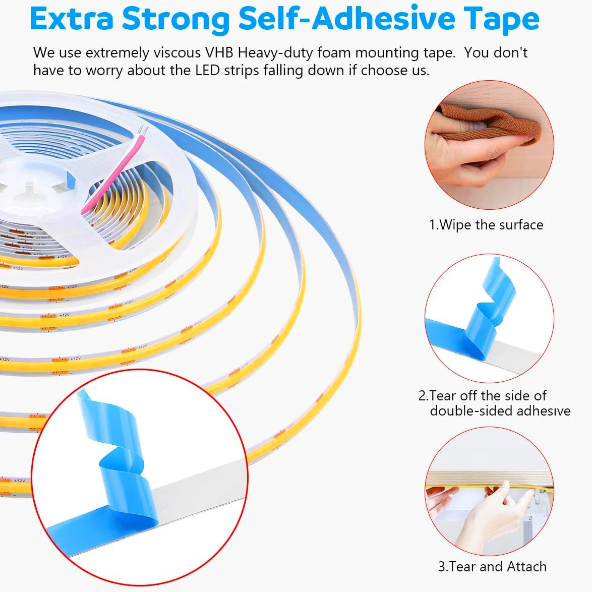 Striscia LED dimmerabile USB DC5V, barra luminosa COB bianca calda 3M, utilizzata per l'illuminazione domestica.