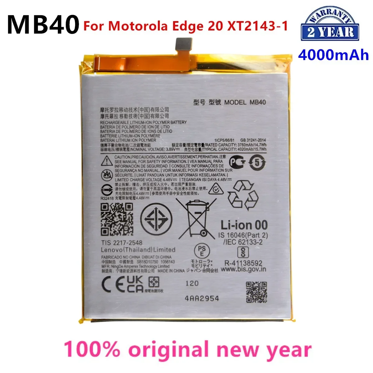 100% Original MB40 4000mAh Battery For  Motorola Edge 20 XT2143-1 Phone Batteries.