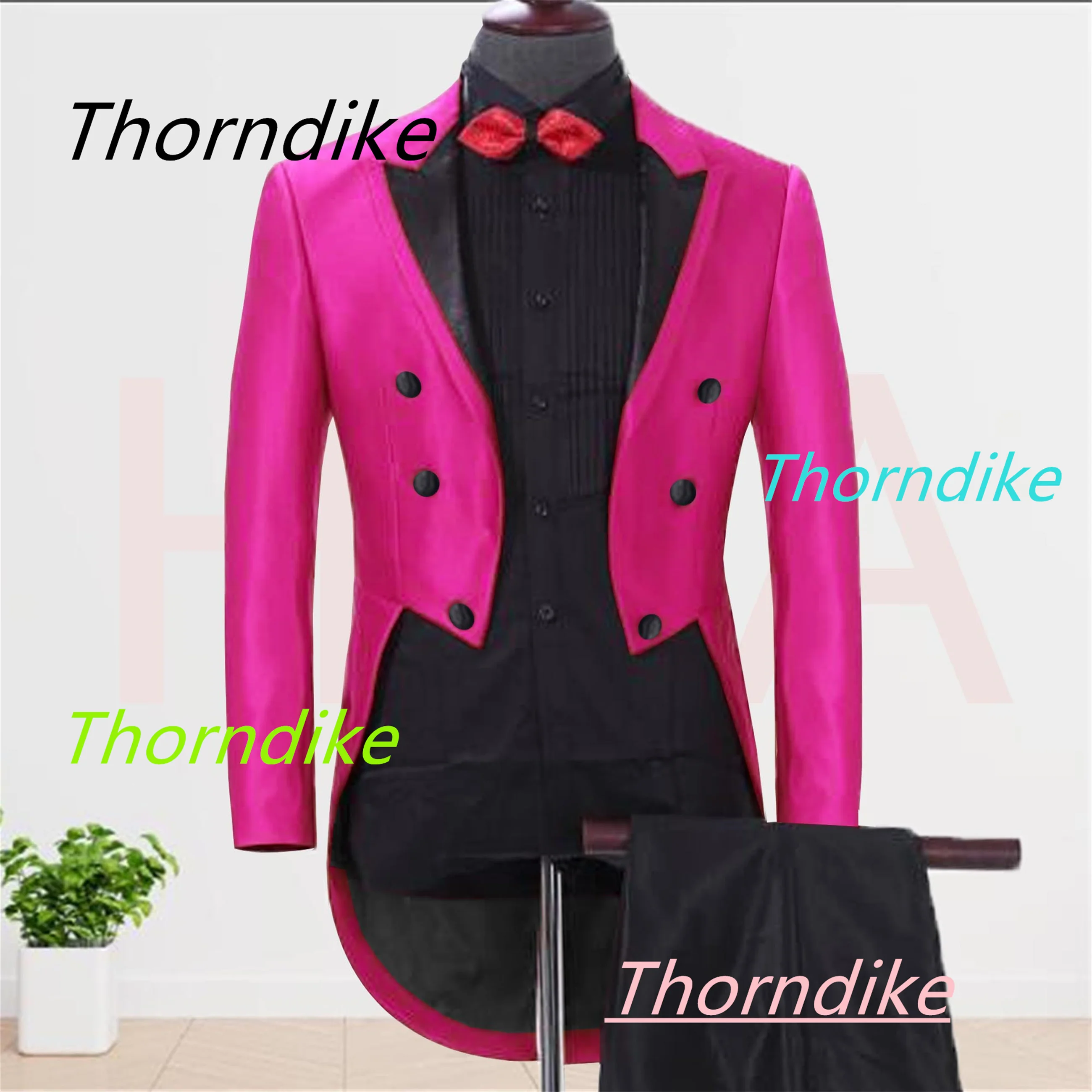 

Thorndike Customized Hot Pink Black Men's Tuxedos Peak Lapel Satin Long Tail Jacket Pants Elegant Party Male Dance Tuxedos