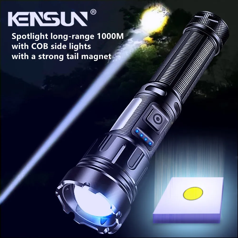 Powerful Long Range LED Flashlight High Lumens Type-C Rechargeable With Side Light Output Power Bank Zoom Linterna Torch Light