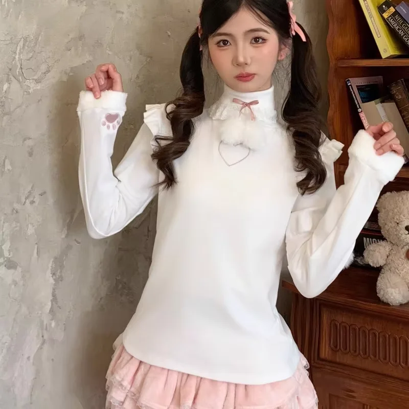 

Autumn Women Kawaii Lolita Ruffles Bow Turtleneck Tops Japanese Grunge Sweet T-shirts Y2k Aesthetic Paw Embroidery Cute Tees