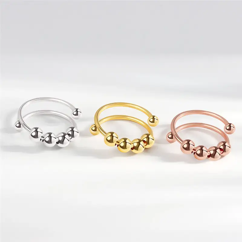 Simple Ball Charms Fidget Spinner Adjustable Rings for Women Rotate Freely Round Beads Anxiety Ring Girls Daily Jewelry - 5