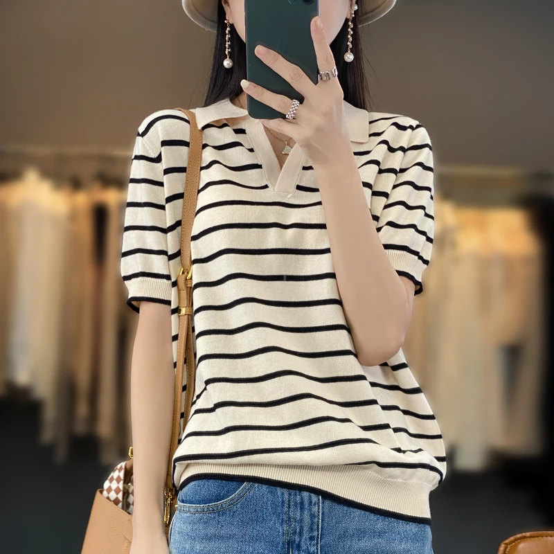 Women\'s new summer lapel T-shirt 100% cotton short-sleeved women\'s T-shirt striped summer knitting loose fashion top T-shirt