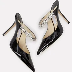 2024 New Pointed Rhinestone Muller Semi-trailer Flat Shoes Patent Leather Shallow French High Heel Women's Shoes Slippers