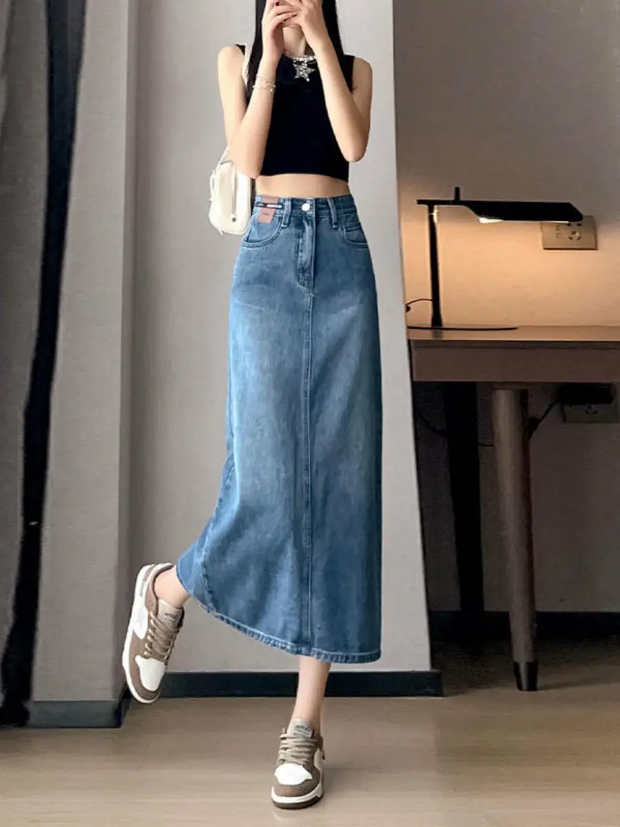 

Новая женская джинсовая юбка с высокой талией и разрезом, летняя, в стиле INS, корейский дизайн, ретро, А-силуэт, средней длины, для повседневной носки