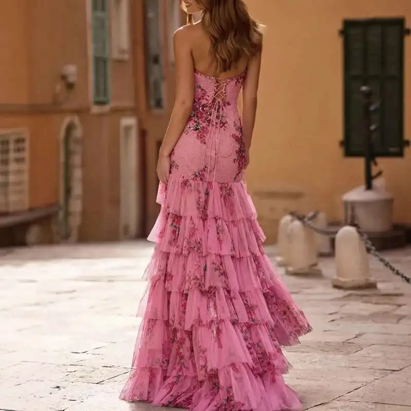 Mesh Patchwork Split Women's Long Elegant Backless Slim Fit Party Dresses Ladies Sexy Strapless Floral Print Evening Dress