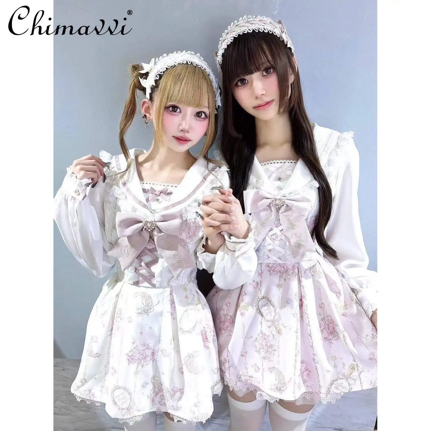 

Japanese Liz Star Moon Gem Sailor Collar Dress Set Sweet Girl Long Sleeve Dress Top + Skirt Lolita Princess Two-Piece Set