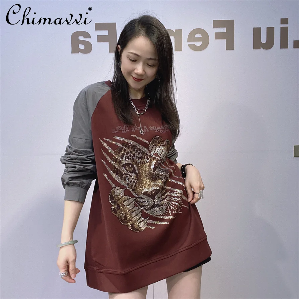 American Retro Round Neck Long-sleeved Sweatshirt Women's Autumn New Heavy Hot Diamond Loose Large Size Splicing Top Fashion