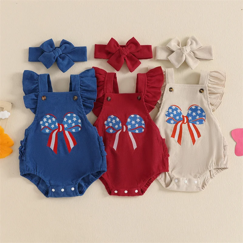 

Cathery Kids Baby Girls 4th of July Outfits Bow Pattern Ruffles Flying Sleeve Rompers Baby Bodysuits with Bow Headband 0-18M