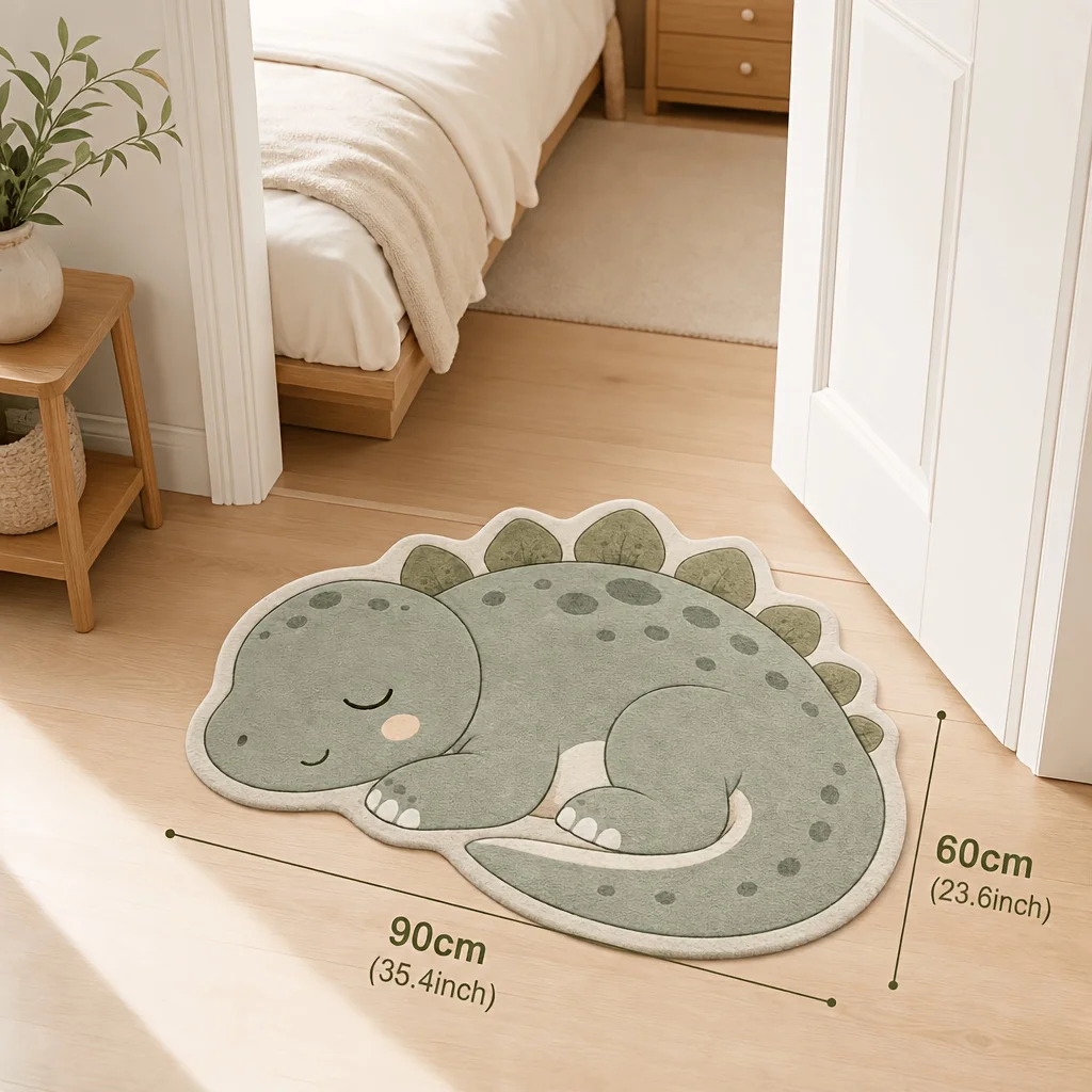 VIKAMA Cartoon Napping Stegosaurus Irregular Rug Thick Plush Washable Anti Slip Light Green Nursery Entry Home Decor Carpet