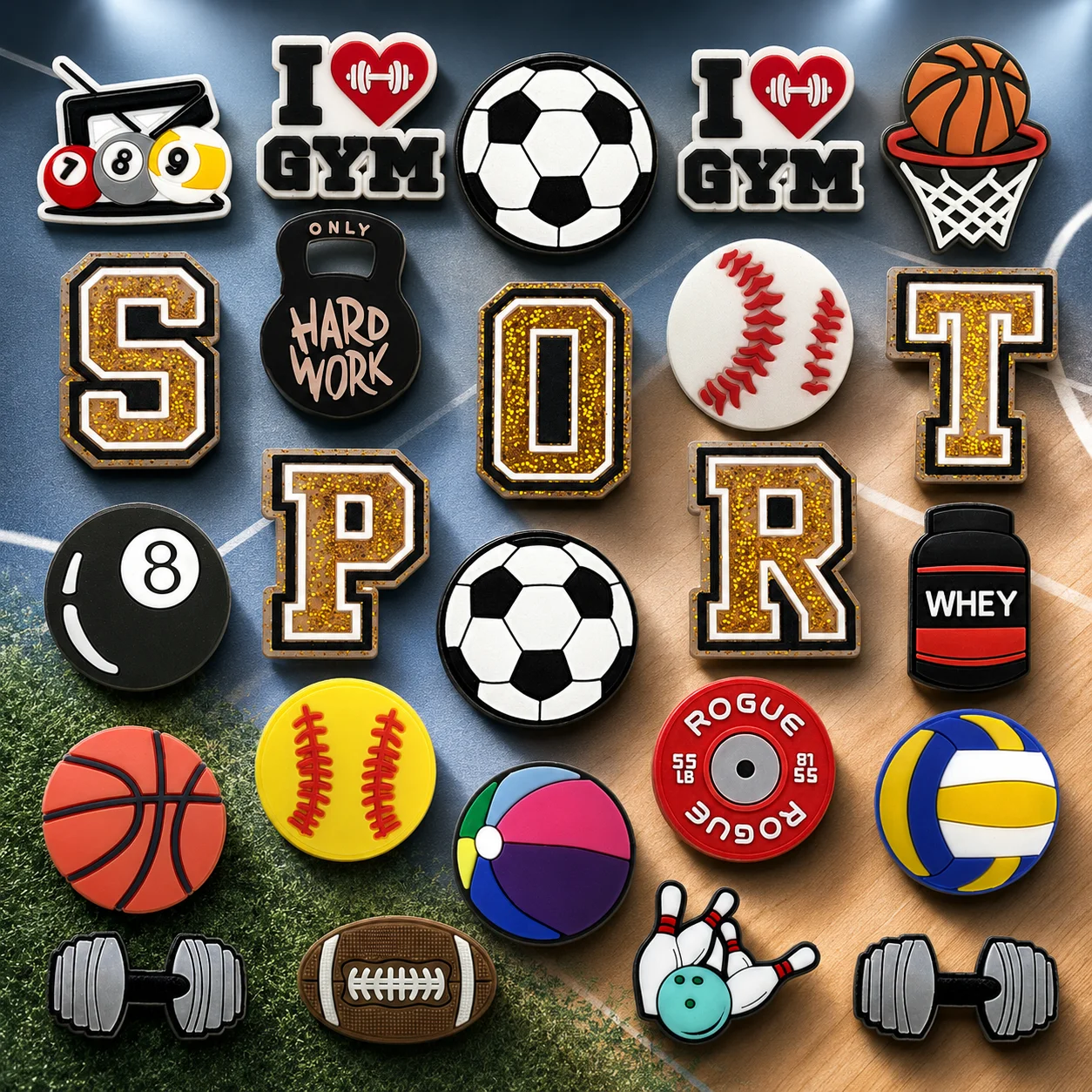 1/24 PCS Classic Trendy Ball Sports Shoe Charms,Baseball Soccer Rugby Charms for Shoes,Dumbbell Basketball Sandals Clogs Buckles