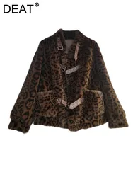 DEAT Women's Coat Faux Fur Loose Spliced Pu Buckle Leopard Pattern Vintage Thick Warm Jackets 2024 Winter New Fashion 33A1978