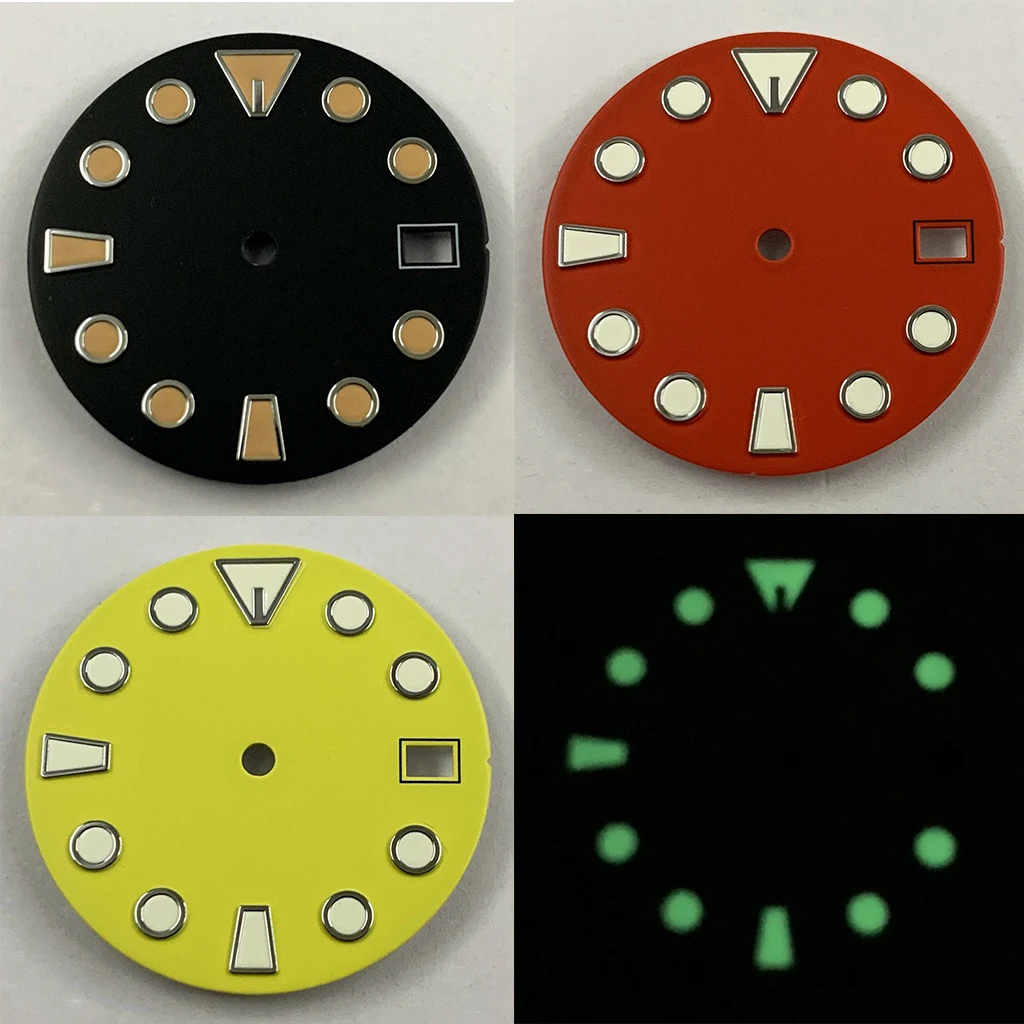 28.5mm NH35 Red Yellow Black Watch Dial Green Luminous Watch Faces For NH35A 4R35 Movement Fit 3 O'clock 3.8O'clock Case Crown