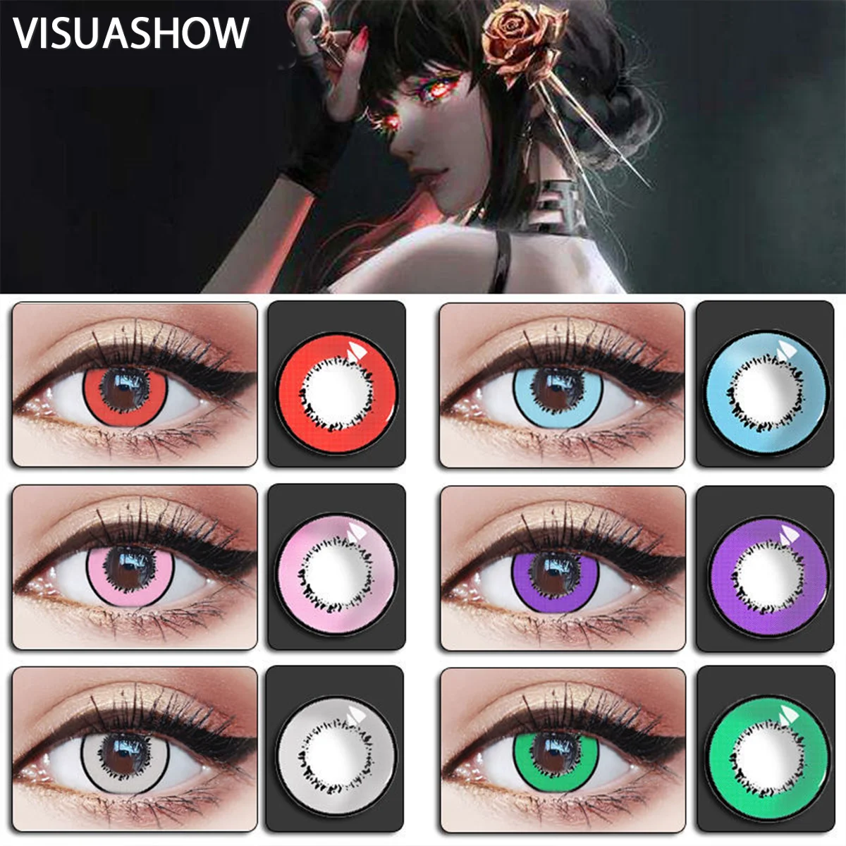 VISUASHOW Halbjährliche Einweg-Kosmetik-Farbkontaktlinsen in Pink, Weiche Farblinsen für Halloween, Anime, Cosplay und Make-up – Detail 1