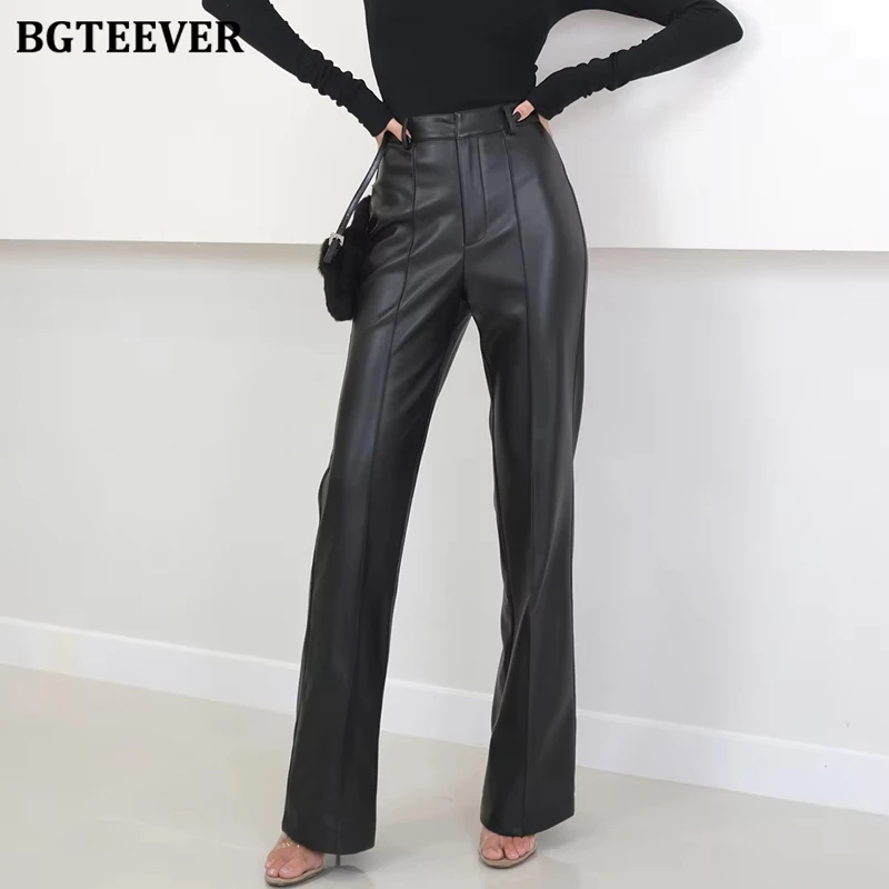 

BGTEEVER шикарные свободные женские брюки из искусственной кожи весна-лето Панталоны с высокой талией прямые женские брюки из искусственной кожи