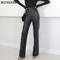 BGTEEVER Chic Loose Female PU Leather Pants Spring Summer Pantalon High Waist Straight Women Faux Leather Trousers