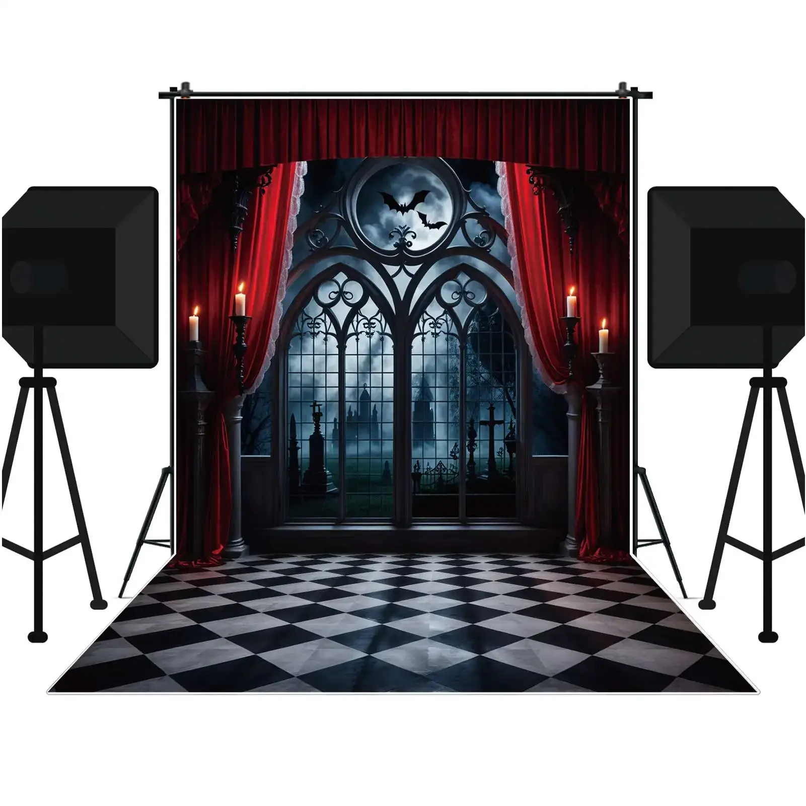 MOON.QG Backdrop Halloween Decor Red Curtain Window Tombstone Background Candle Light Black White Check Floor Photography Props