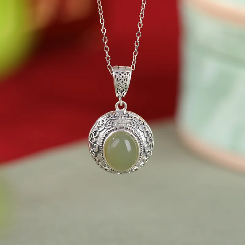 Natural Hetian S925 Sterling Silver Jade Red Six-Character Mantra Rotating Pendant