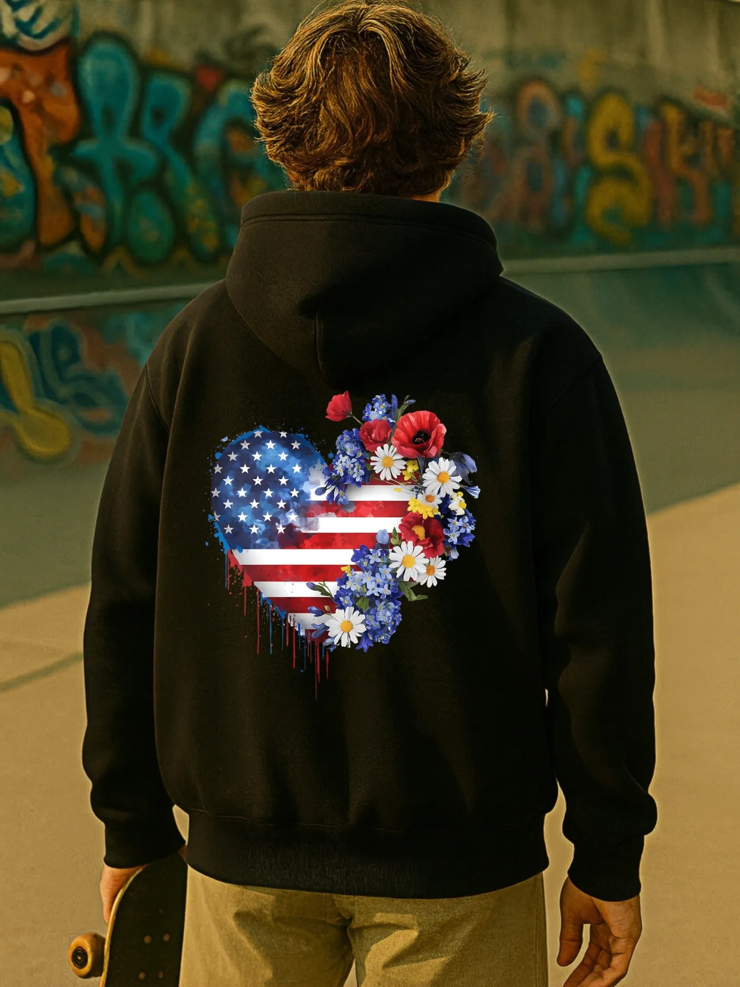 هوديي برسومات للرجال، أمريكي - طباعة قلب العلم، نمط كاجوال، قماش ناعم، للارتداء اليومي للرجال