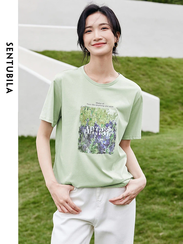 SENTUBILA 100% Cotton Art Print T Shirt for Women 2024 Casual Straight Summer Tops Short Sleeve Womens Basic Tee Shirt 132T47969