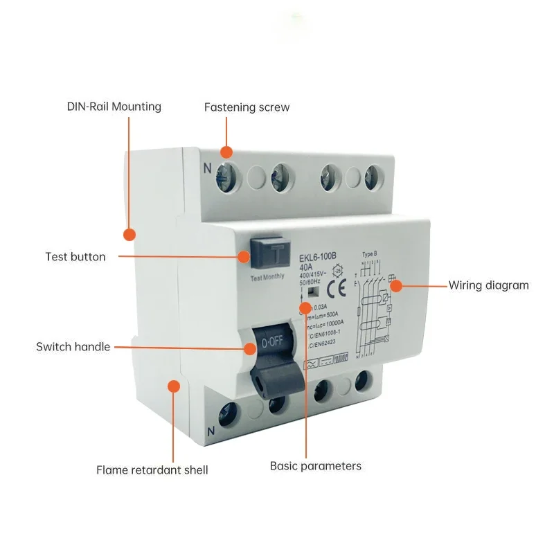 Type B Earth Leakage Circuit Breakers RCCB RCD Din Rail EKL6-100B 4P 40A 16A 25A 32A 40A 63A 30mA 10KA
