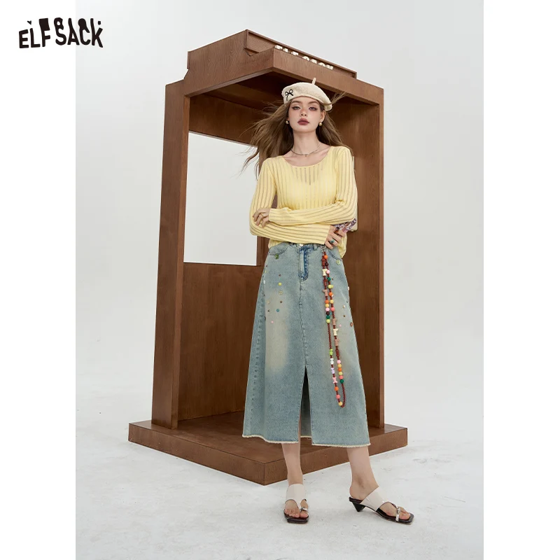 

2024 Summer ELFSACK New Arrivals Front slit light colored denim skirt for women colorful button design long skirt