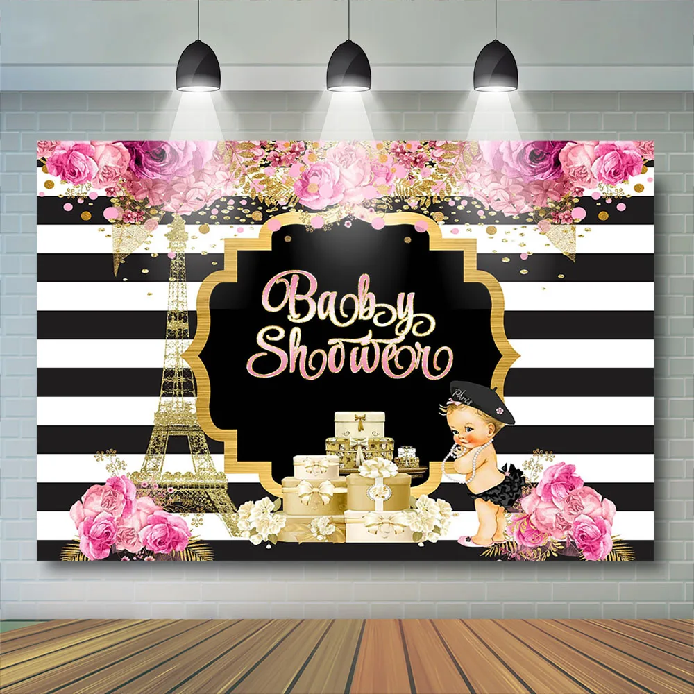 Fondo de Torre Eiffel para Baby Shower Mocsicka, telón de fondo de fiesta rosa para niña, decoración de pastel a rayas blancas y negras, estudio fotográfico