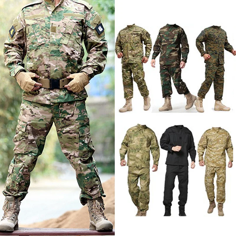 Odzież męska Uniform Wiatroszczelna odzież męska Odporne na zużycie Outdoor Camo Kombinezony taktyczne Wojskowy kombinezon myśliwski Safari Płaszcz + zestaw spodni