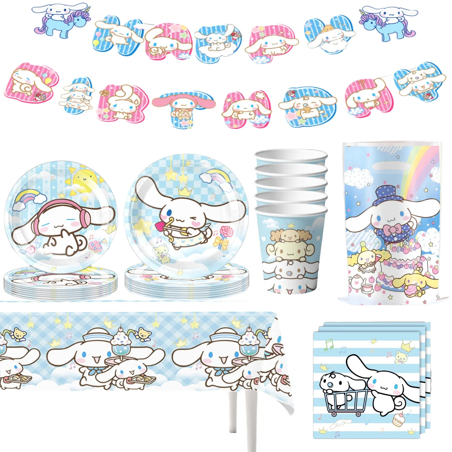 20pepole Cinnamoroll Disposable Tableware Set Birthday Party Decor Cinnamoroll Tablecloth Plate Baby Shower Girls Party Supplies