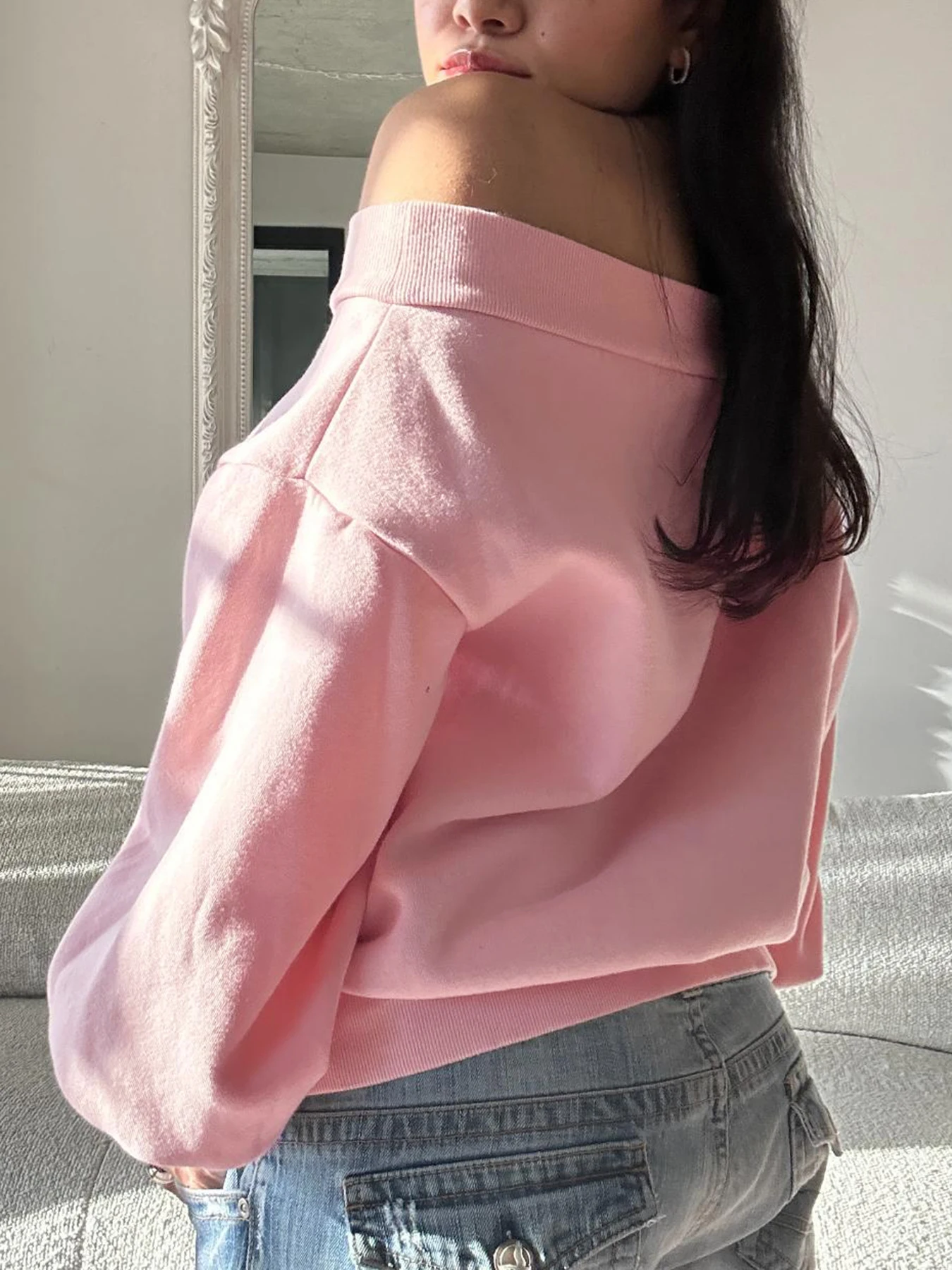 Rockmore Chic Sweet Off Shoulder Loose Bow Sweatshirts Casual Pink Long Sleeve Top Streetwear Y2k Clothes Women Autumn Pullover