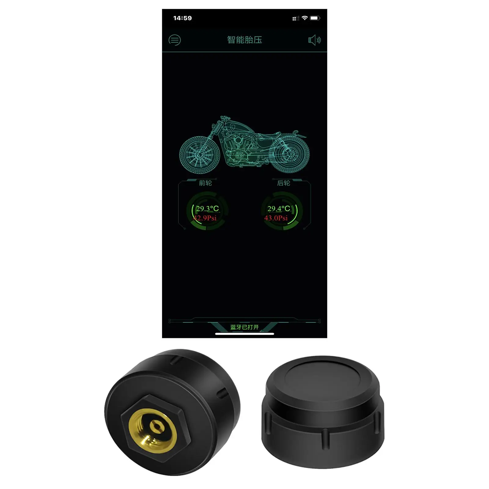 2x Bluetooth Motorcycle Tire Pressure Monitoring System Sensor for Bike