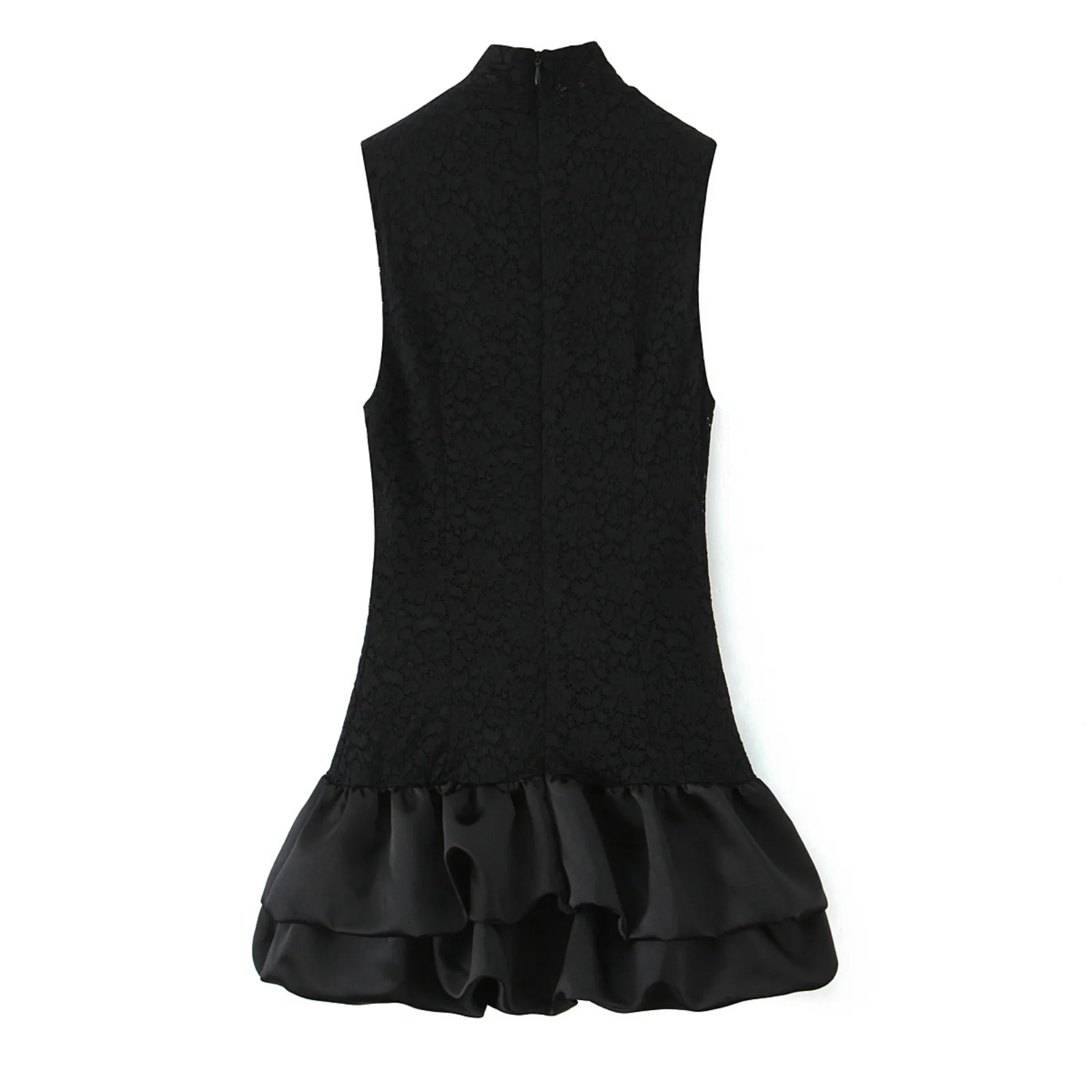 Bsay vestido de renda preta outono 2025 novo zíper traseiro fofo em camadas emenda inferior gola sem mangas tanque mini vestido mujer