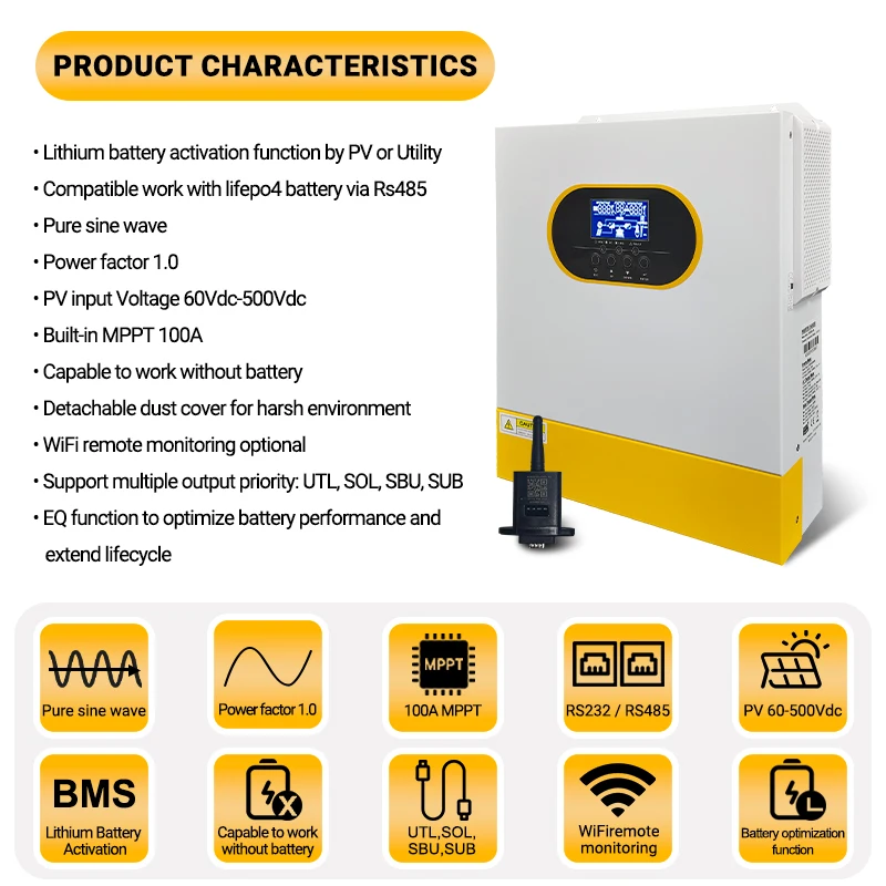 3.5KW 24V عاكس للطاقة الشمسية الهجين موجة جيبية نقية التيار المتناوب 220 فولت/230 فولت تيار مستمر 500 فولت على الشبكة/الخروج الشبكة 100A MPPT جهاز تحكم يعمل بالطاقة الشمسية مع واي فاي