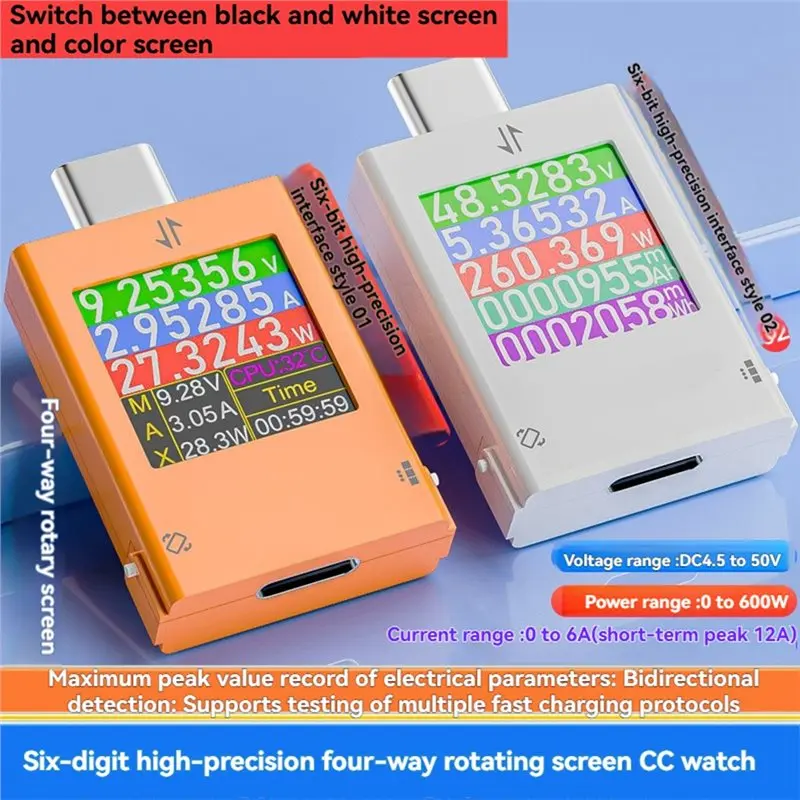 DT21 Type-C PD3.2 Charging Tester, 4.5-50V Multi-Function Digital Display Voltage Ammeter Power Meter for Cell Phone