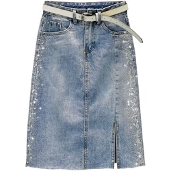 New Diamond inlay Split Vintage Casual Denim Skirt Female 2024 Summer Trend Fashion High Waist Slim Wrap Hip Half Skirt Women's