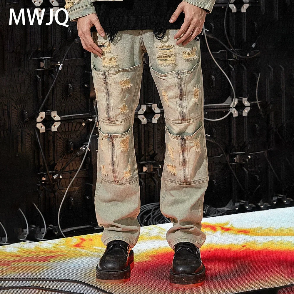 

MWJQ Spliced Hole Design Fashion Male Jeans High Street Zipper Pocket Sanding Straight Pants Worn-out Hiphop Trousers 010210
