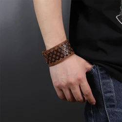 2024 Vintage Jewelry Handmade Weave Genuine Leather Bracelet Men  Cuff Wide Leather Bracelet Pulsera Hombre