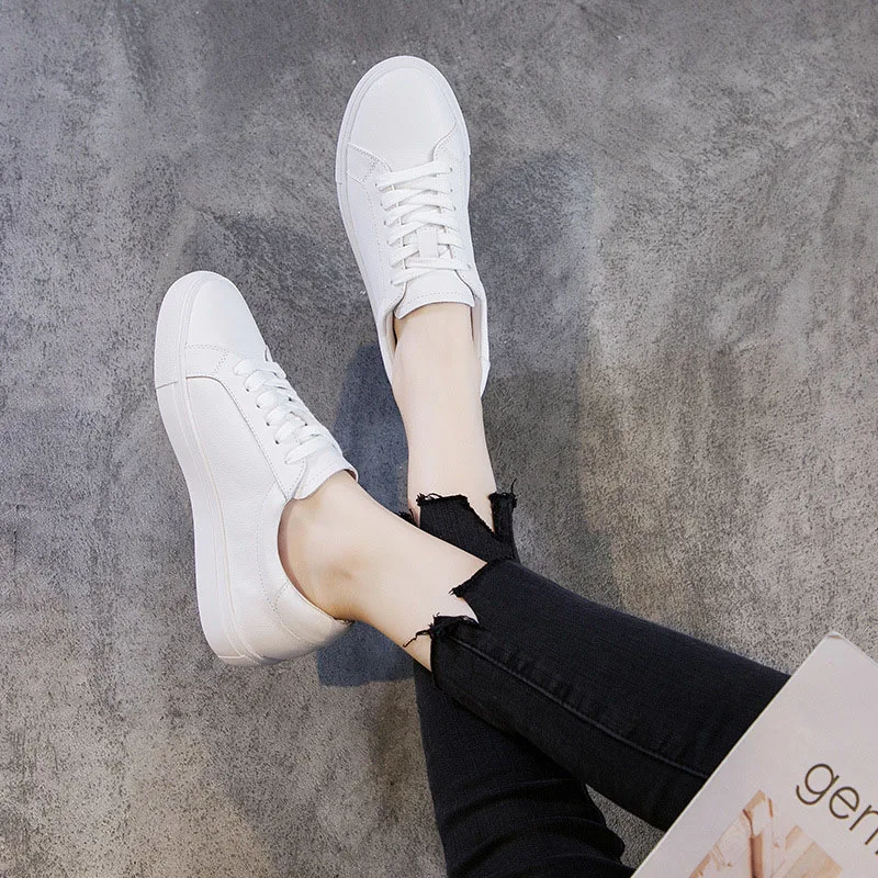 CXJYWMJL Cowhide Skate Shoes for Women Spring Casual Vulcanized Shoes Ladies Genuine Leather Sneakers Autumn Small White Flats