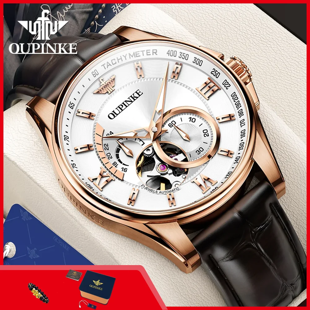 OUPINKE 3222 Luxus Automatik-Herrenuhren Original Echtleder-Armband Mode Casual Ausgehöhlte Mechanische Armbanduhr für Männer