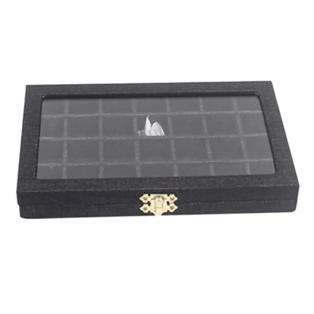 Sackcloth Linen Clear Lid Jewelry Tray Showcase Display Storage Box 28 Grids Sackcloth Jewelry Box Packaging