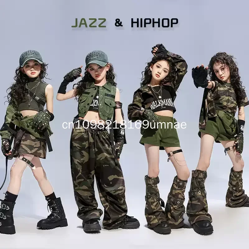 Girls Hip Hop Crop Hoodies Camouflage Pants Kids Streetwear Dance Top Shorts Children Jazz K-pop Military Girl Group Clothes Set