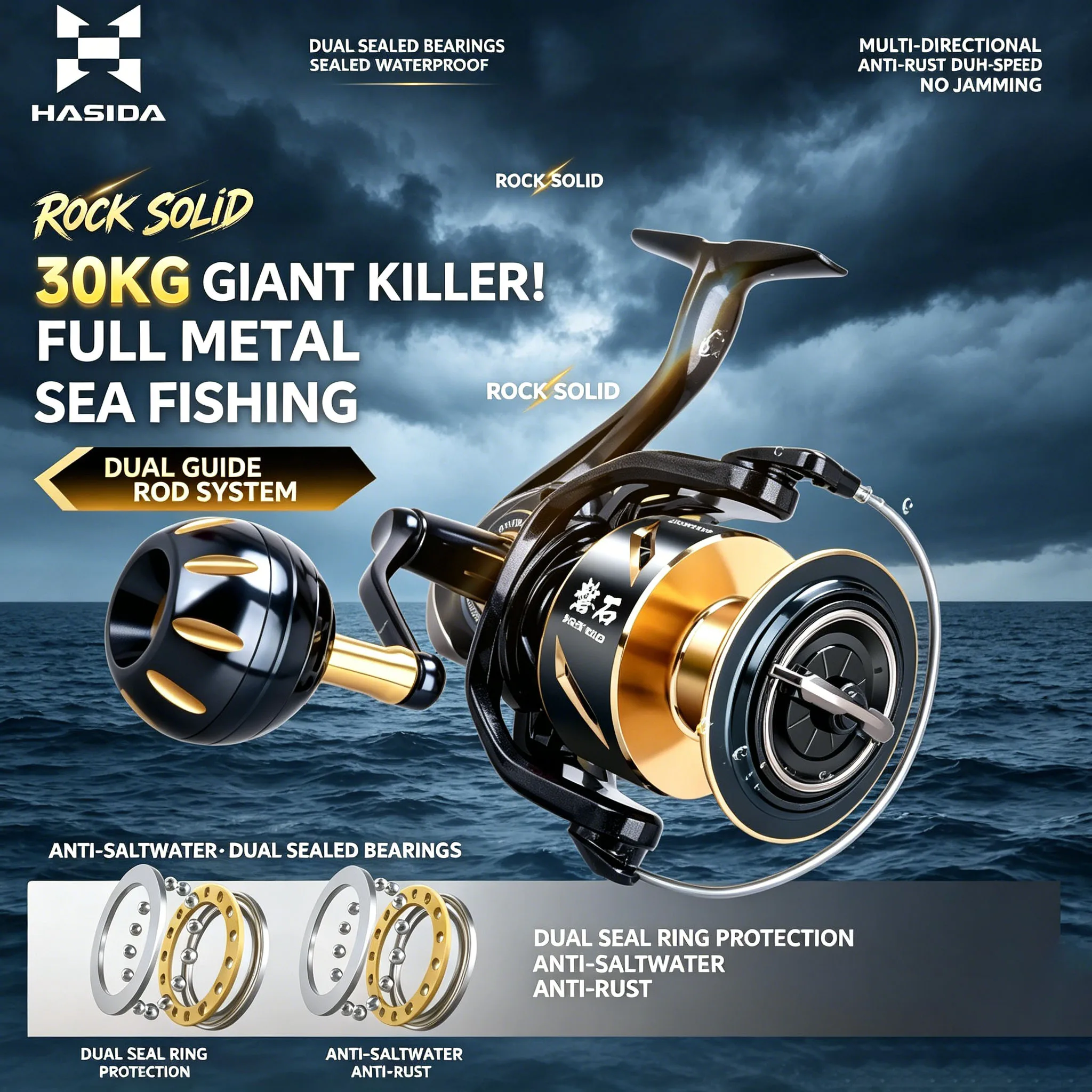 Carrete de Pesca HASIDA Rock Solid Spinning 8000, Totalmente Metálico, 30 kg de Arrastre Máximo, Resistente, para Pesca en Agua Salada y Grandes Capturas