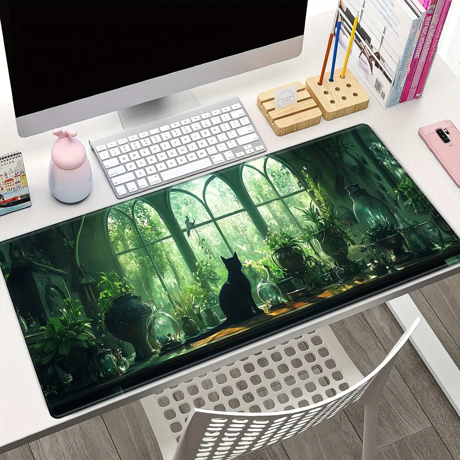 Extra-Large Desktop Mat Decorated With A Playful Black Cat Andgreen Plants | 90cm X 40cm Extended Mouse Pad With Cute Anime Style And Natural Rubber Base