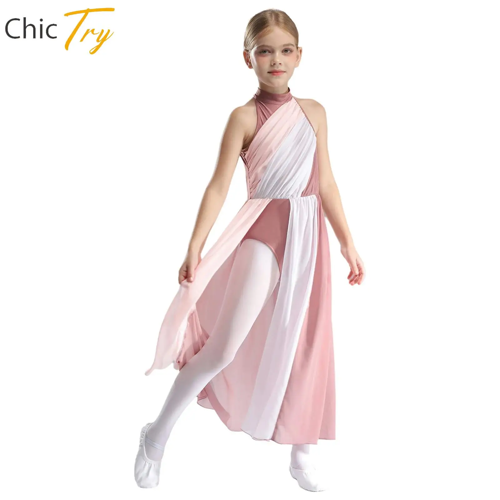 

Kids Girls Lyrical Dance Dress Color Block Sleeveless Mesh Split Leotards Ballet Figure Skating Gymnastics Performance Costumes