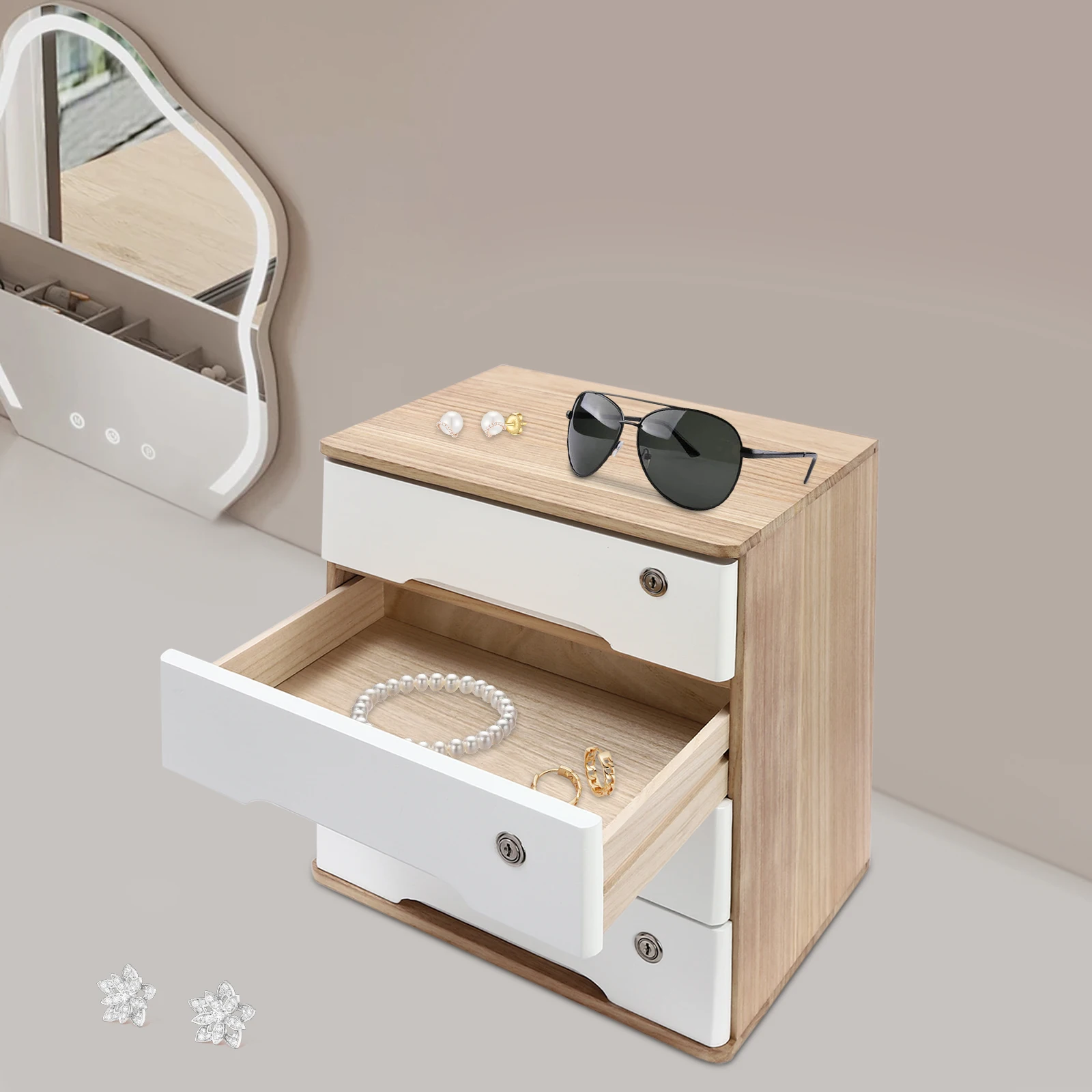 

4-Layer Locked Cabinet - Wood + White For Home Living Room To Store